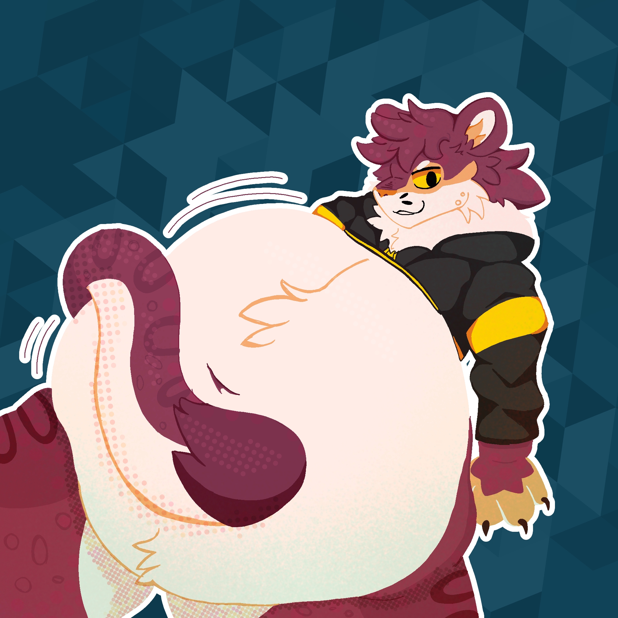 an anthro snow leopard with a huge stomach, posing.