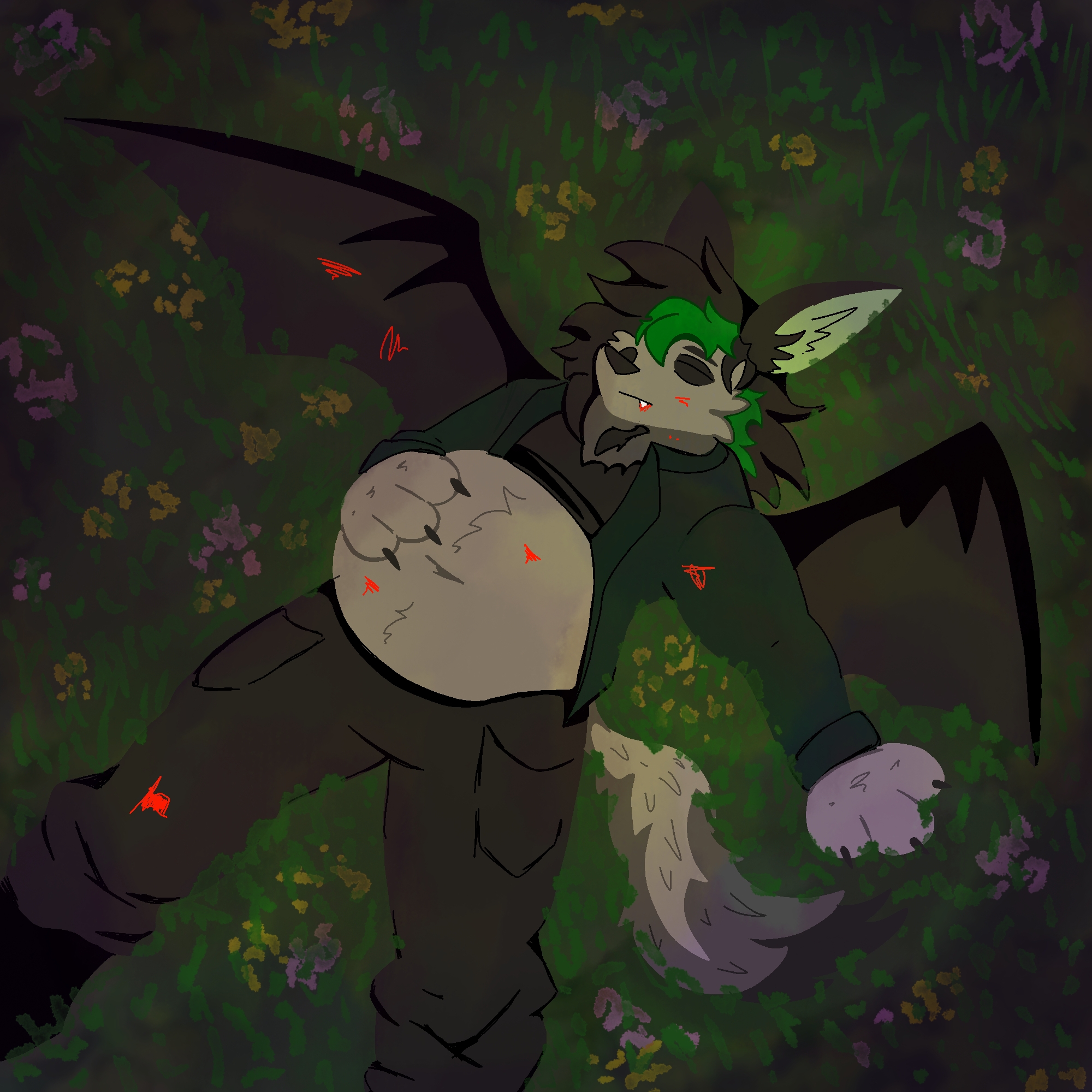 an anthro vampire batwolf with a full stomach, resting in a meadow after a hunt.