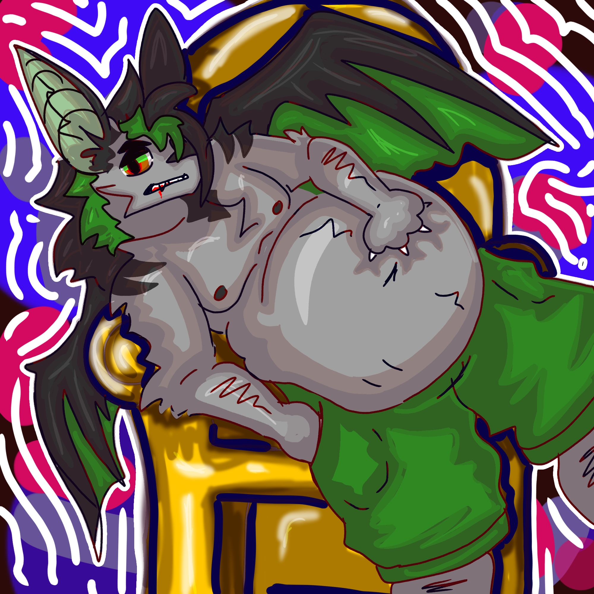 an anthro vampire batwolf with a very full stomach, lounging on a throne, with an annoyed expression.