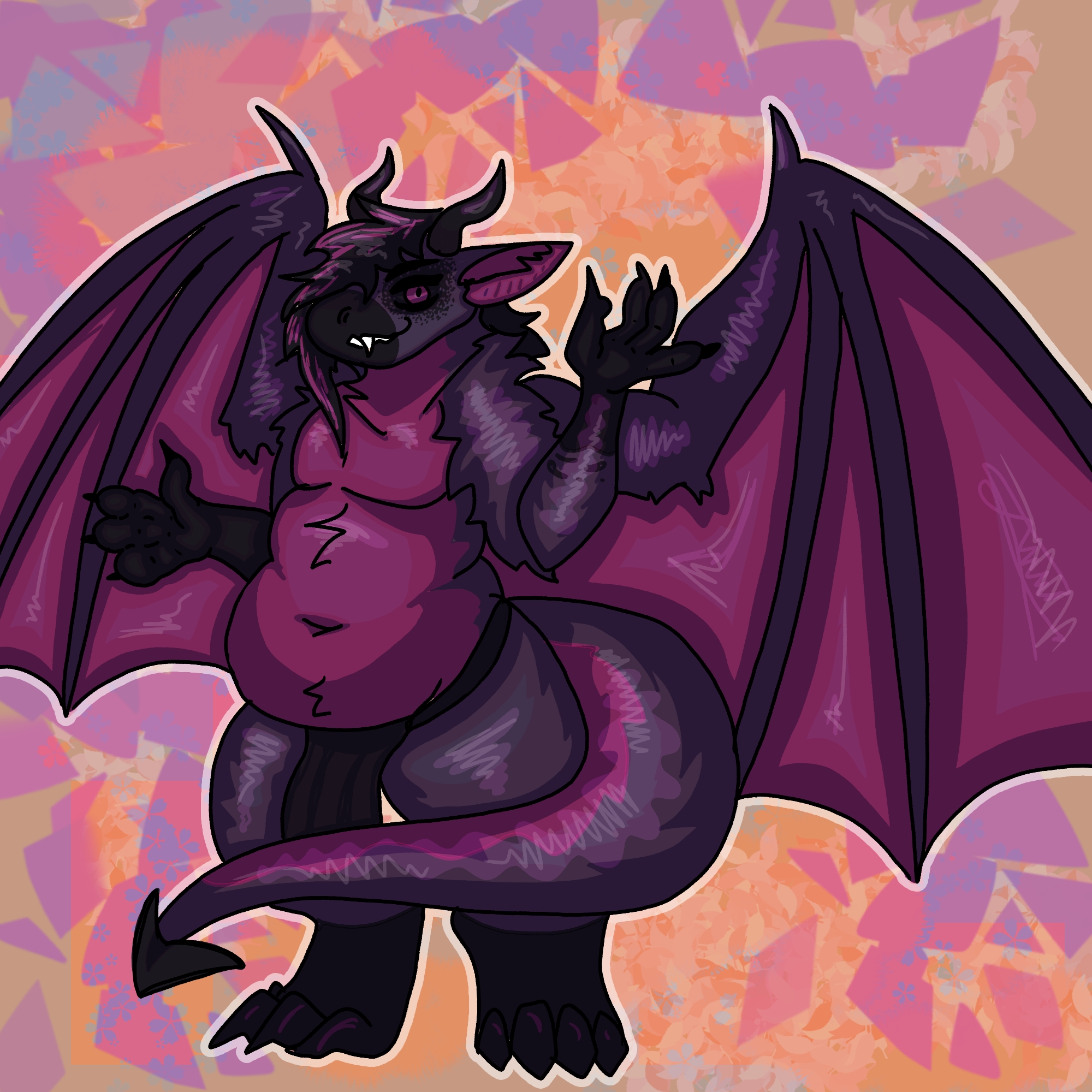 a dark purple imp with thick thighs and a soft stomach stand menicingly and mischievously.
