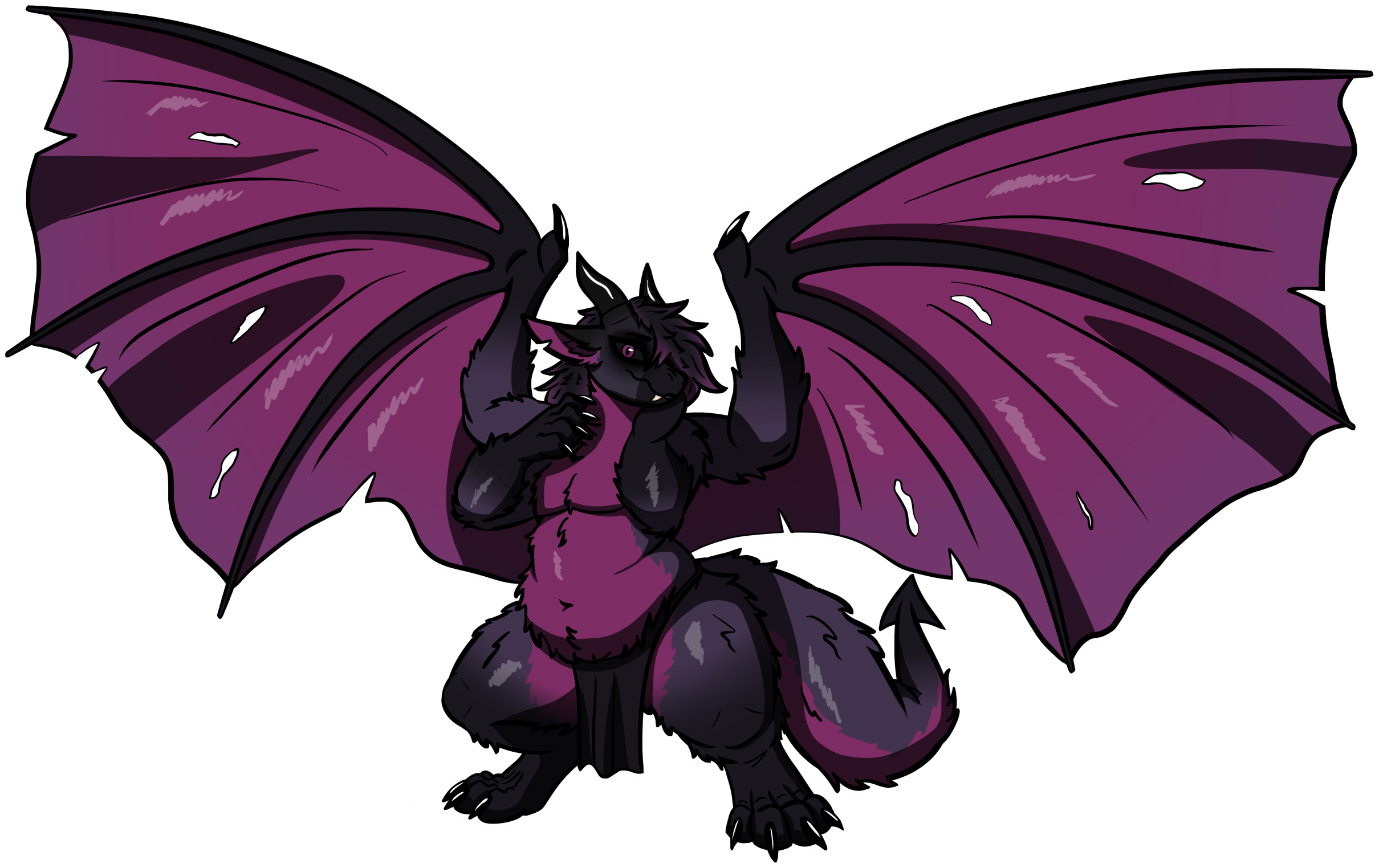 A thicc dark purple imp posing mischeivously.